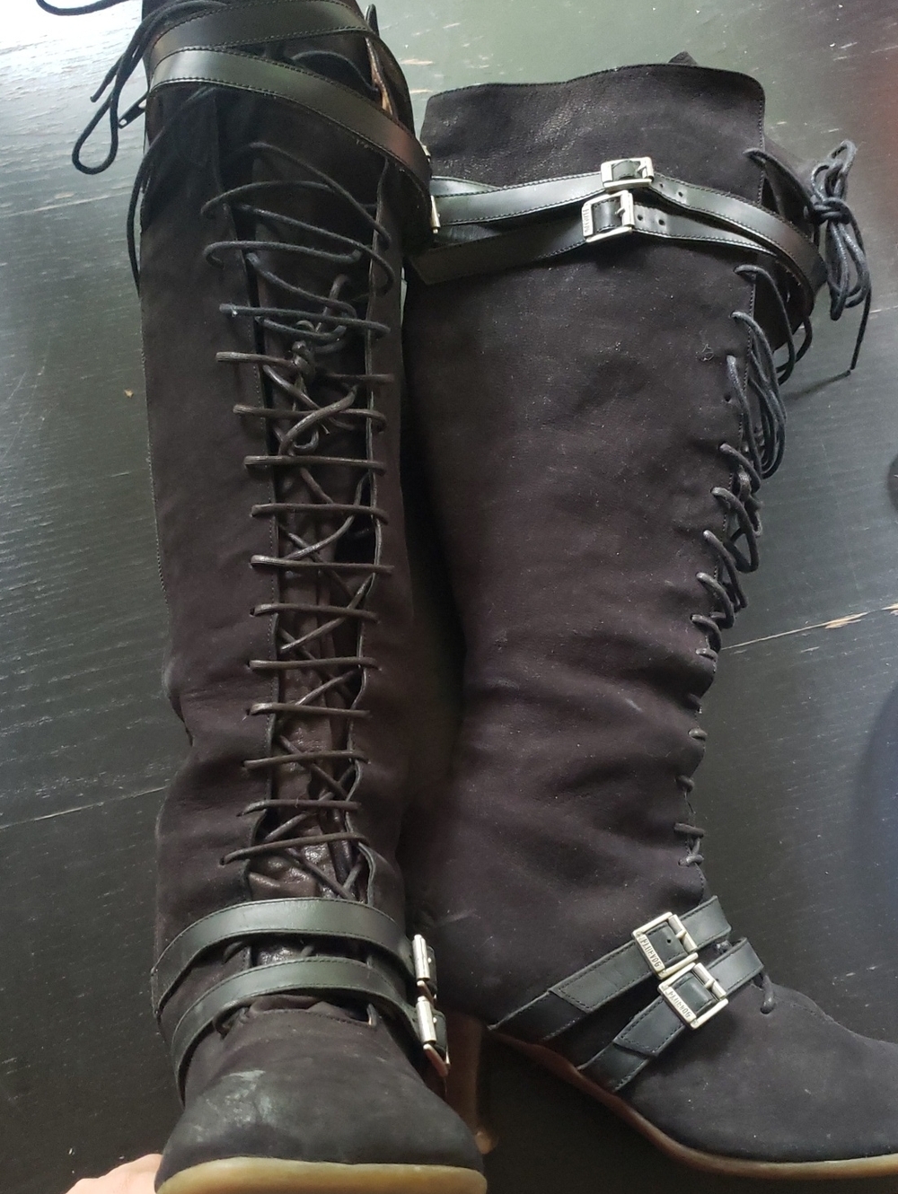 John Fluevog Operetta Hjordis Black Lace-Up Knee-High Buckle Boots